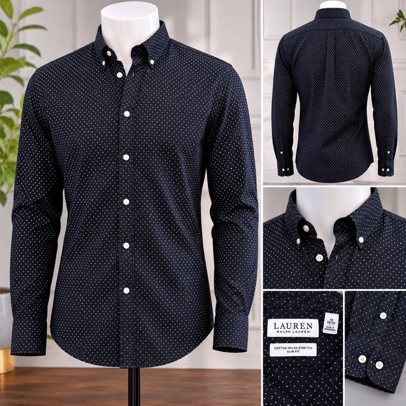 Lauren Ralph Lauren Other - Lauren Ralph Lauren Slim Fit Dress Shirt Mens 16 Black Polka Dot Stretch Button